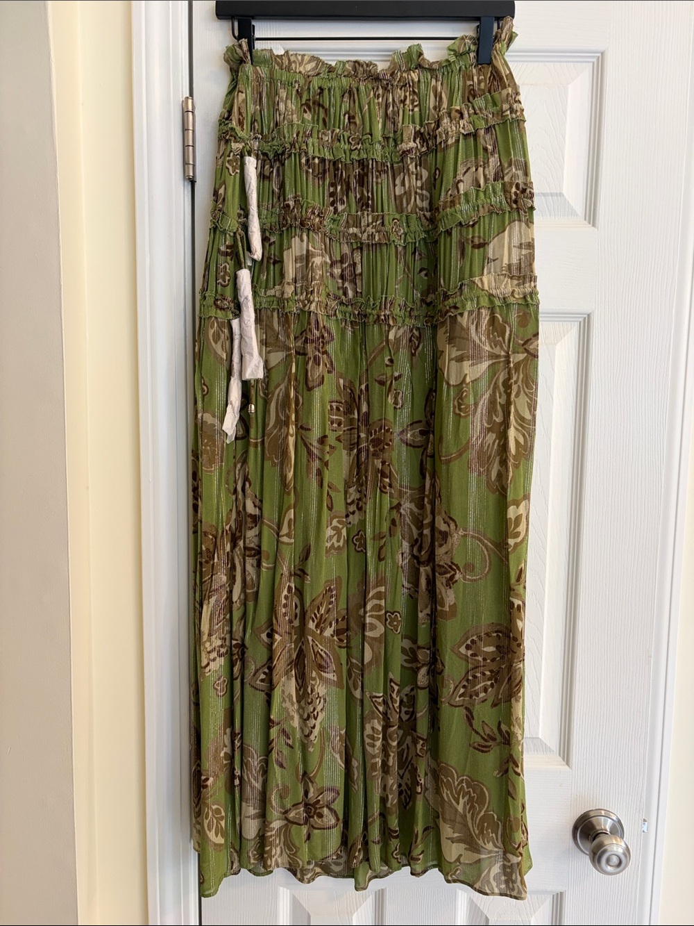 Zara Maxi Skirt w/Printed Metallic-Thread Gathered Waist